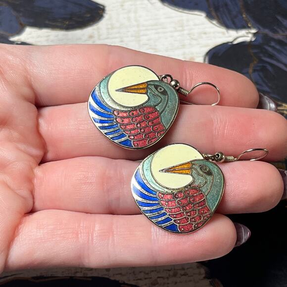 Vintage Silver Tone Enamel Cloisonne Bird Earrings - Picture 6 of 6